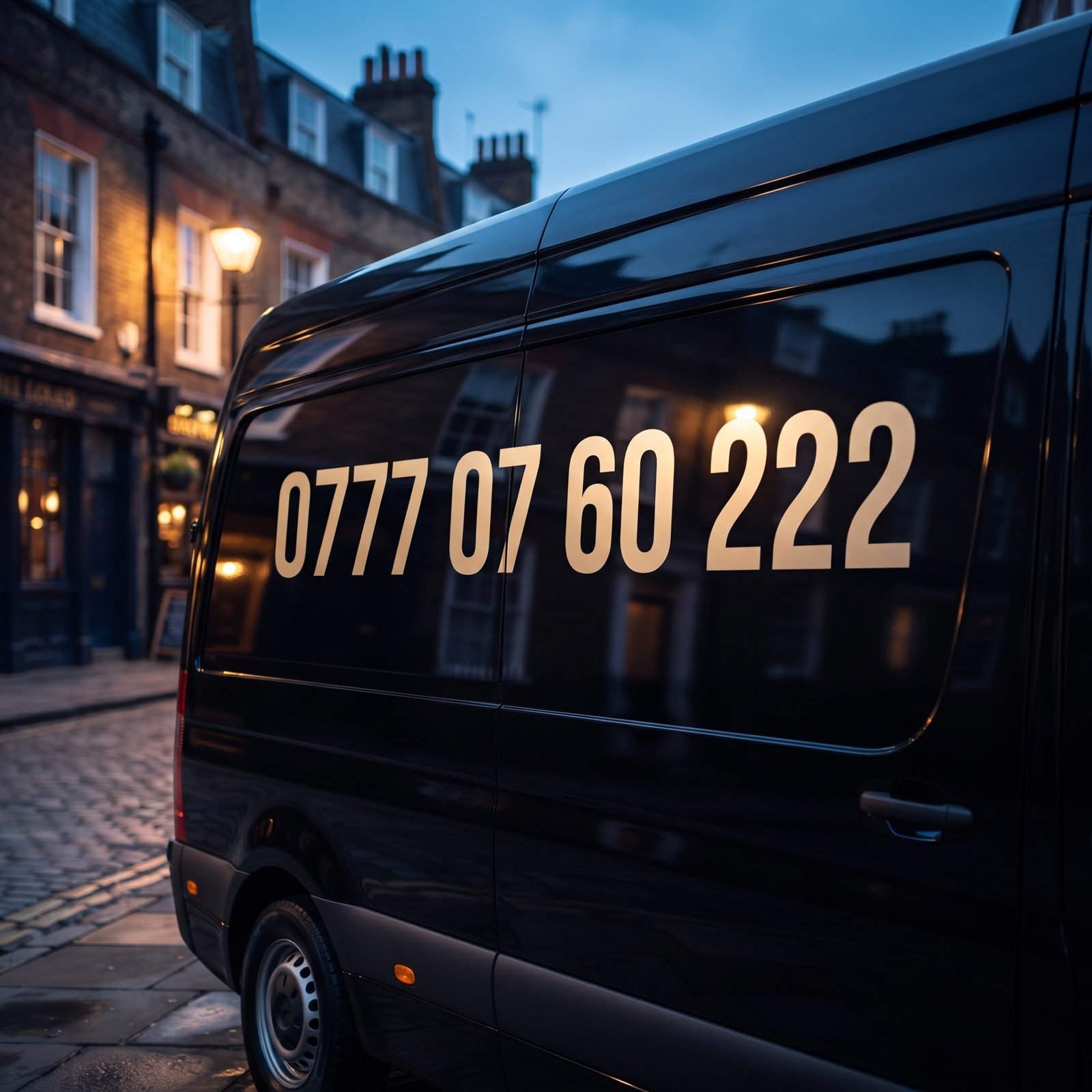 Black van with a large gold phone number on the side