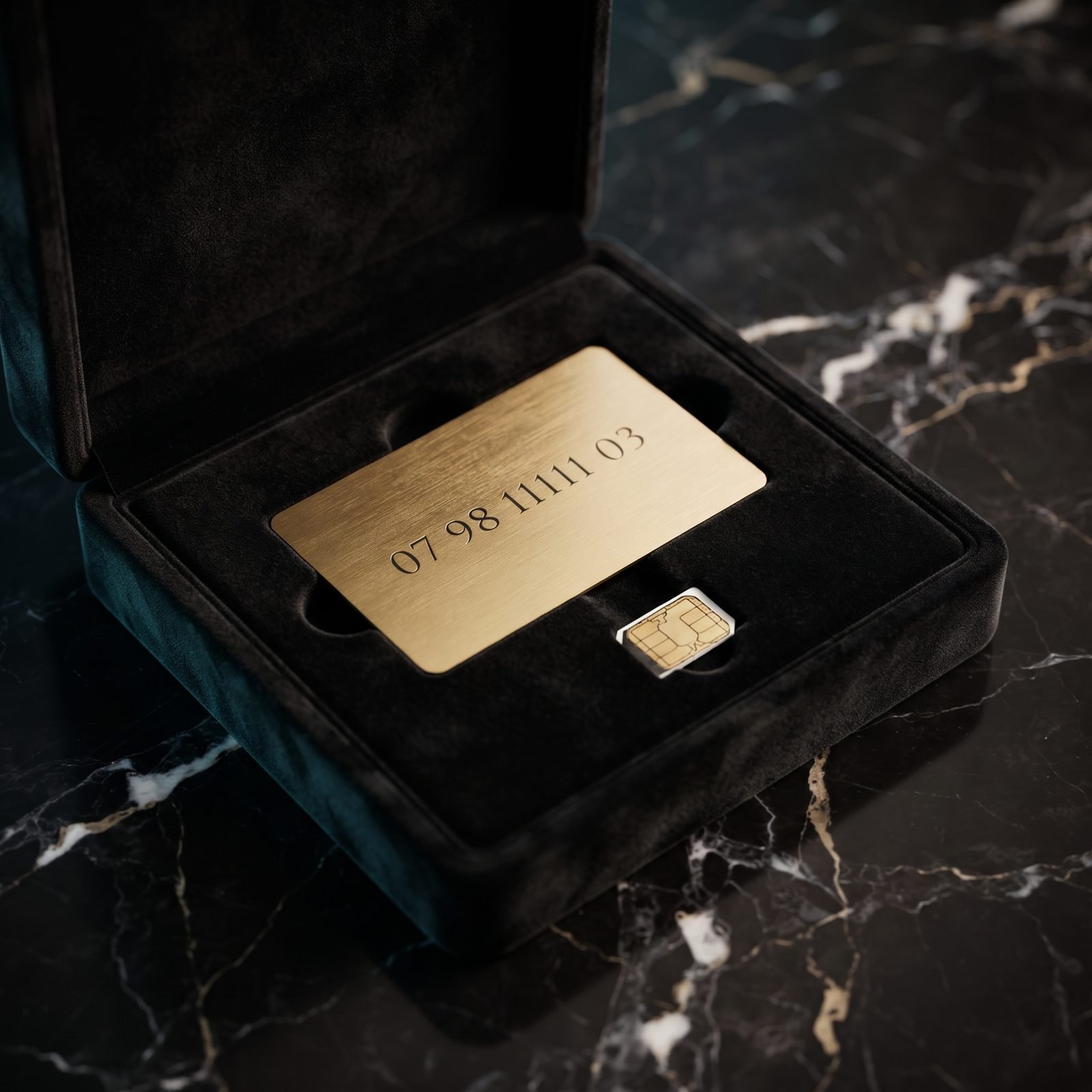 Gold card with a VIP number in a black presentation box