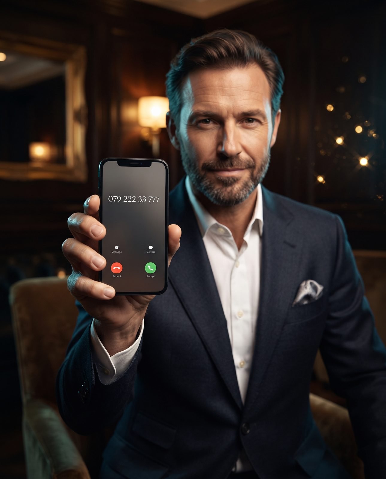 Business owner holding a phone showing the number 079 222 33 777