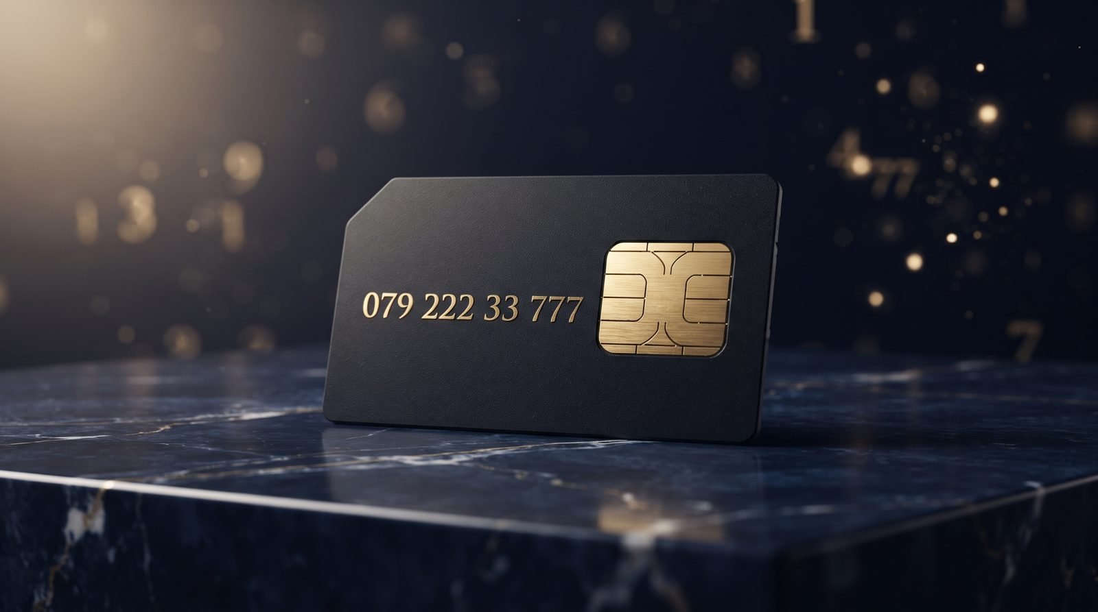 Matte black SIM card engraved with the gold number 07777 809 888